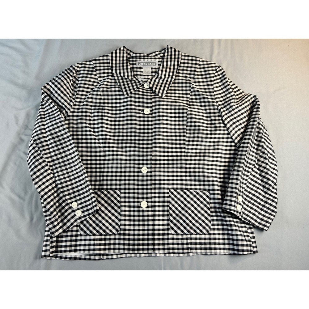 Dress Barn Womens 14 Pure Silk Gingham Check Jacket Black White Button Front Top - Picture 2 of 7